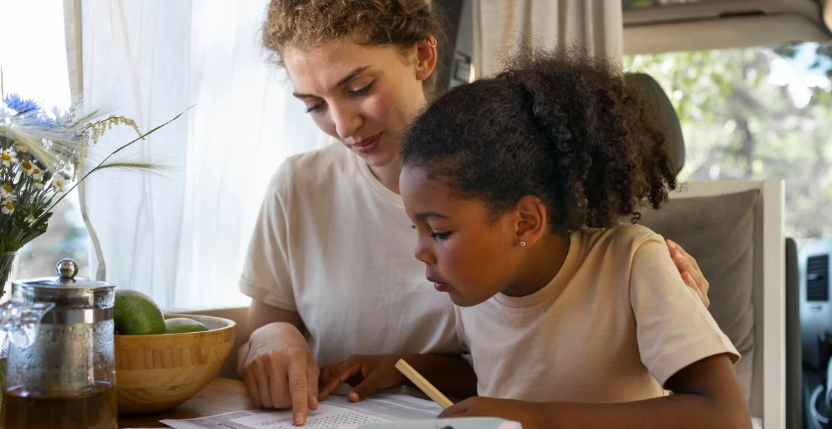 Parent assisting child with organizing study materials and building habits.