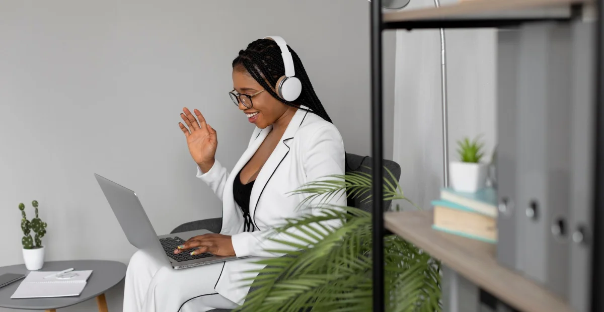 Distraction-free study space with noise-canceling headphones.